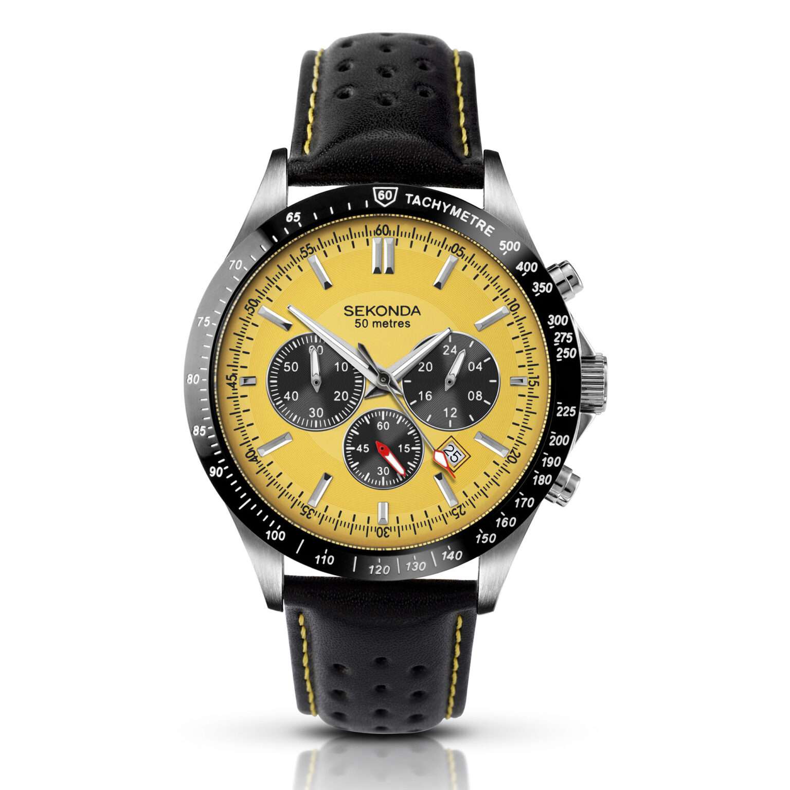 Sekonda Chronograph Quartz Yellow Dial Black Leather Strap Mens Watch