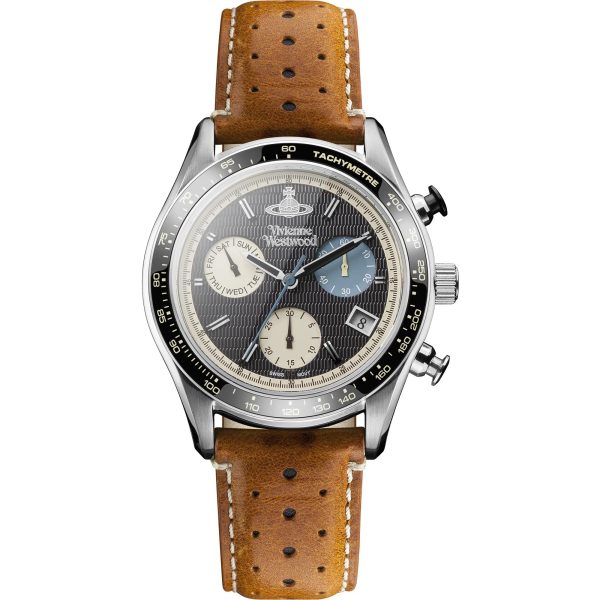 Vivienne Westwood Sotheby Brown Leather Strap Stainless Steel Black Dial Men's Watch VV142BKTN