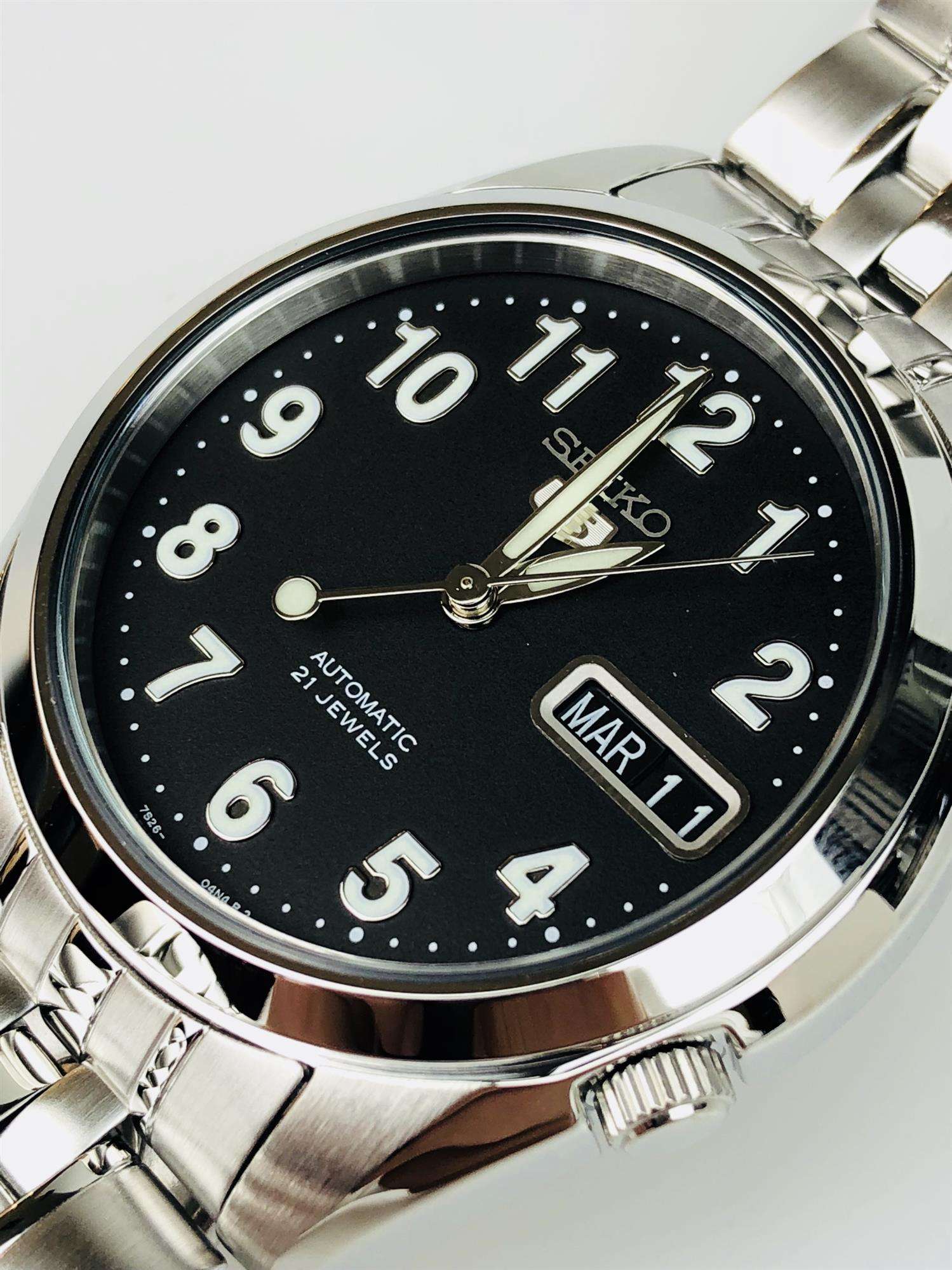 Seiko Automatic Black Dial Stainless Steel Mens Watch Snk K