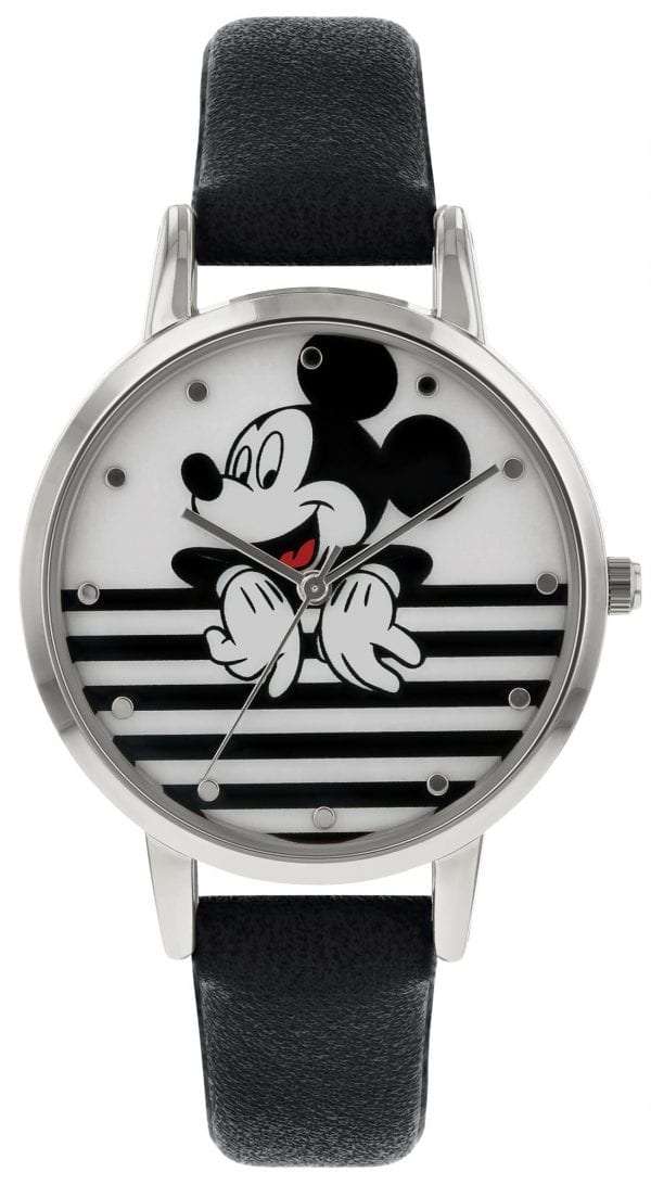 Disney Mickey Mouse Quartz Silver Steel Black Leather Girls Watch MK5089