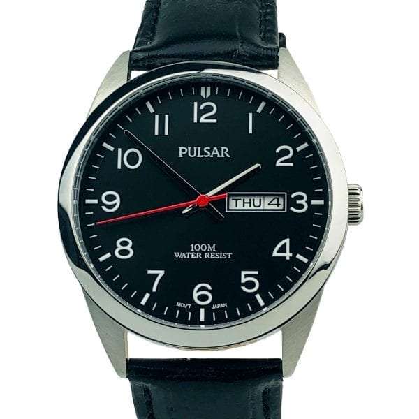 Pulsar Classic Quartz Silver Stainless Steel Case Black Leather Strap Men's WatchThis Pulsar Classic Quartz Silver Stainless Steel Case Black Leather Strap Men's Watch is an excellent addition to the classic range. A simplistic black dial shows the Pulsar logo at the 12 o'clock position with a day and date window at 3 o'clock. The hands are complimented by white Arabic indexes and powered by a strong Japanese quartz movement. Furthermore, the dial is protected by mineral glass and a silver stainless steel case. A standard buckle is then fastened so that a black leather strap sits comfortably around ones wrist.This watch has a water resistance of 100 metres, making it suitable for swimming.Key Features:Classic FamilyBlack DialSilver Stainless Steel CaseBlack Leather StrapDay/Date WindowPulsar Logo100m Water ResistantQuartz MovementMineral Crystal GlassAnalogue DisplayStandard BuckleThe Brand: PulsarPulsar burst onto watchmaking scene in 1972 with the launch of the world’s first LED watch. Since then, the company has been re-launched by legendary watchmaker Seiko, adopting a winning ethos of uniting universal styling with forward-thinking technologies. “Tell it your way” is the motto that Pulsar prides itself on, allowing the wearer to select a watch that perfectly expresses his or hers individual style.If you have any questions please click hereClick here to join our facebook and Instagram!