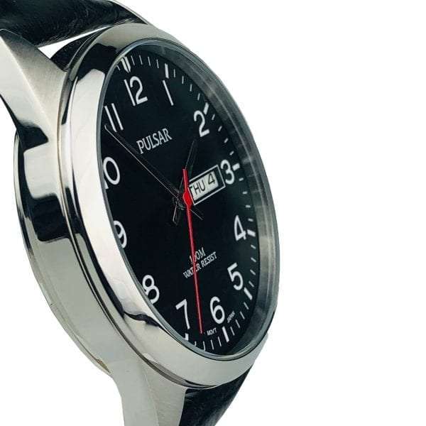 Pulsar Classic Quartz Silver Stainless Steel Case Black Leather Strap Men's WatchThis Pulsar Classic Quartz Silver Stainless Steel Case Black Leather Strap Men's Watch is an excellent addition to the classic range. A simplistic black dial shows the Pulsar logo at the 12 o'clock position with a day and date window at 3 o'clock. The hands are complimented by white Arabic indexes and powered by a strong Japanese quartz movement. Furthermore, the dial is protected by mineral glass and a silver stainless steel case. A standard buckle is then fastened so that a black leather strap sits comfortably around ones wrist.This watch has a water resistance of 100 metres, making it suitable for swimming.Key Features:Classic FamilyBlack DialSilver Stainless Steel CaseBlack Leather StrapDay/Date WindowPulsar Logo100m Water ResistantQuartz MovementMineral Crystal GlassAnalogue DisplayStandard BuckleThe Brand: PulsarPulsar burst onto watchmaking scene in 1972 with the launch of the world’s first LED watch. Since then, the company has been re-launched by legendary watchmaker Seiko, adopting a winning ethos of uniting universal styling with forward-thinking technologies. “Tell it your way” is the motto that Pulsar prides itself on, allowing the wearer to select a watch that perfectly expresses his or hers individual style.If you have any questions please click hereClick here to join our facebook and Instagram!