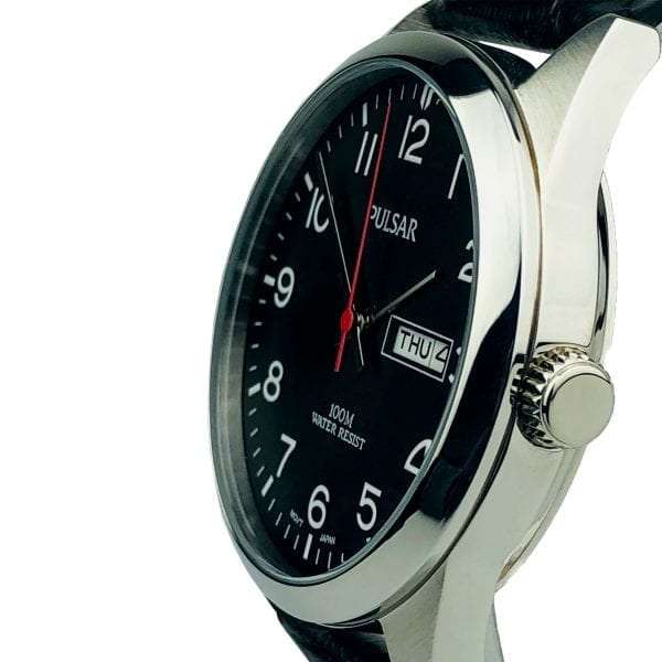 Pulsar Classic Quartz Silver Stainless Steel Case Black Leather Strap Men's WatchThis Pulsar Classic Quartz Silver Stainless Steel Case Black Leather Strap Men's Watch is an excellent addition to the classic range. A simplistic black dial shows the Pulsar logo at the 12 o'clock position with a day and date window at 3 o'clock. The hands are complimented by white Arabic indexes and powered by a strong Japanese quartz movement. Furthermore, the dial is protected by mineral glass and a silver stainless steel case. A standard buckle is then fastened so that a black leather strap sits comfortably around ones wrist.This watch has a water resistance of 100 metres, making it suitable for swimming.Key Features:Classic FamilyBlack DialSilver Stainless Steel CaseBlack Leather StrapDay/Date WindowPulsar Logo100m Water ResistantQuartz MovementMineral Crystal GlassAnalogue DisplayStandard BuckleThe Brand: PulsarPulsar burst onto watchmaking scene in 1972 with the launch of the world’s first LED watch. Since then, the company has been re-launched by legendary watchmaker Seiko, adopting a winning ethos of uniting universal styling with forward-thinking technologies. “Tell it your way” is the motto that Pulsar prides itself on, allowing the wearer to select a watch that perfectly expresses his or hers individual style.If you have any questions please click hereClick here to join our facebook and Instagram!