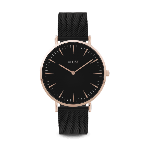 CLUSE La Boheme Rose Gold PVD Stainless Steel Black Silicone Strap Ladies Watch CW0101201010