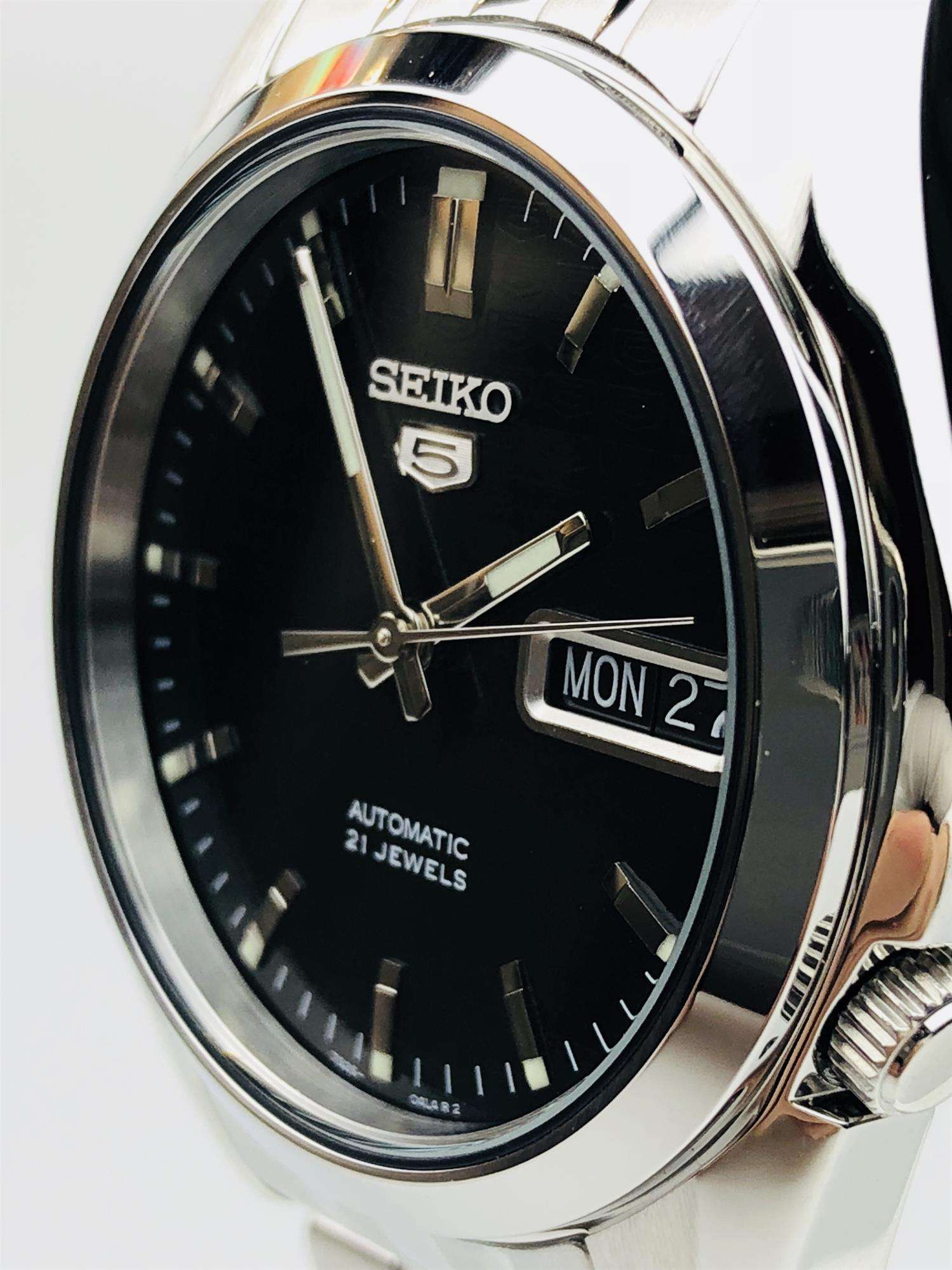 seiko 5 automatic black dial stainless steel men's watch snzf17