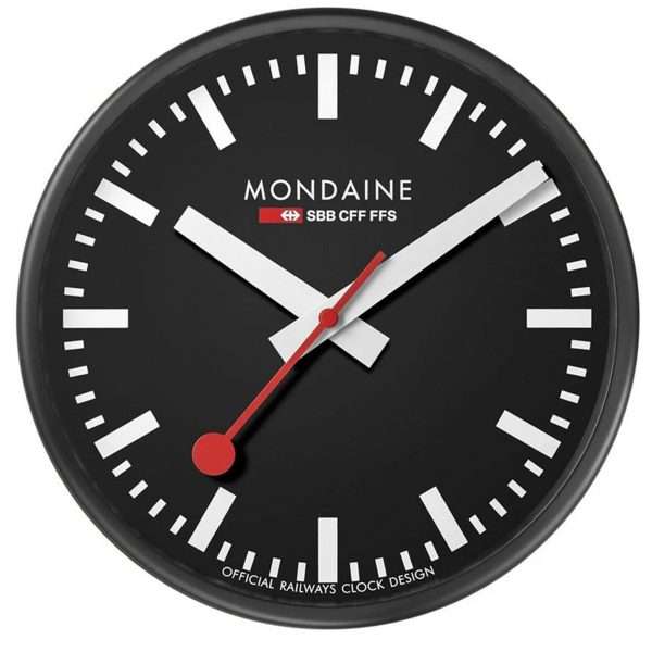 Mondaine Swiss Railways Black Aluminium Case Wall Clock A990.CLOCK.64SBB 250mm