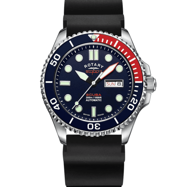 Rotary Super 7 SCUBA Pepsi Automatic Navy Blue Dial Silicone Strap Men's Dive Watch S7S004S