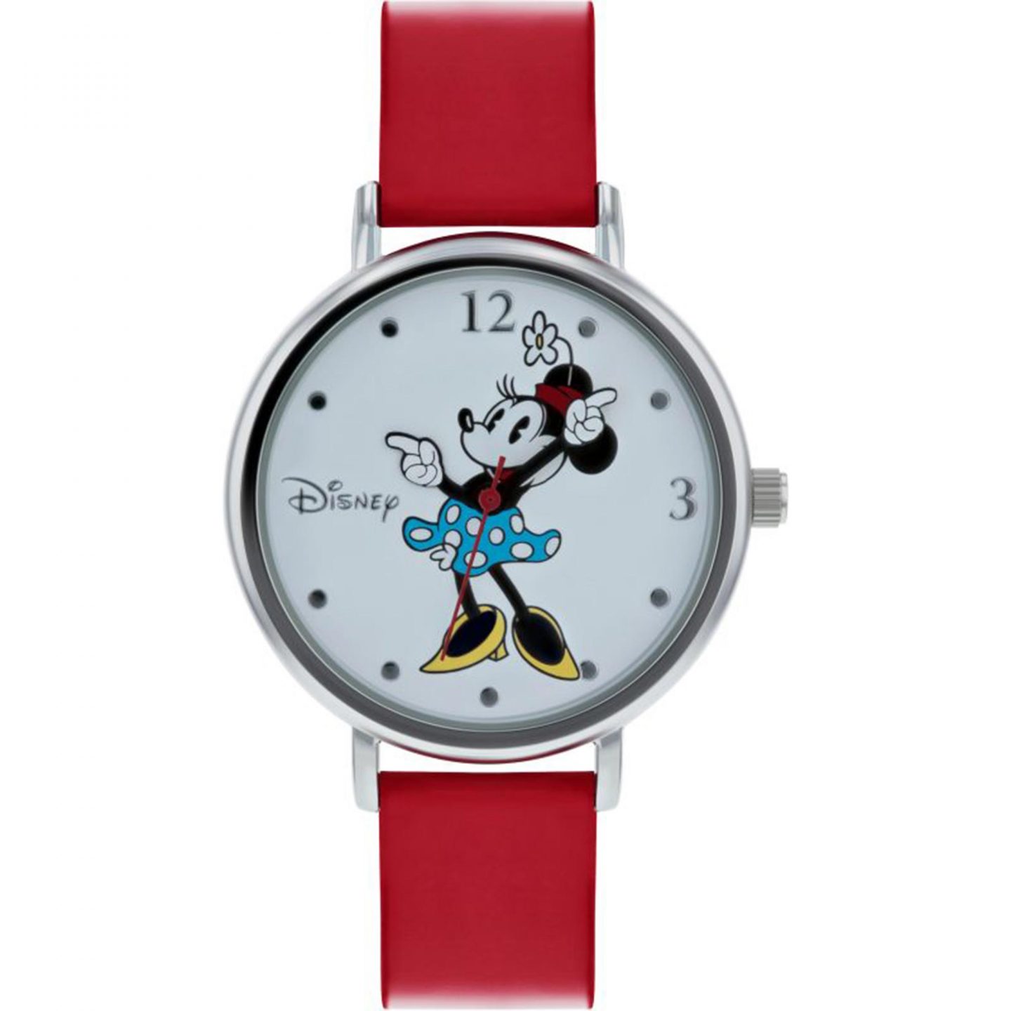 Disney Minnie Mouse Silver Dial Red Leather Strap Girls Watch MN1302