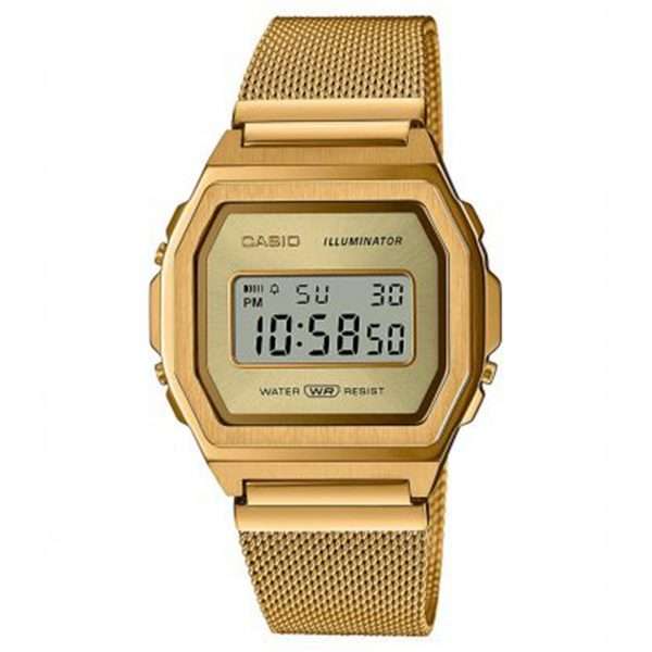 Casio Vintage Quartz Digital Dial Gold Milanese Stainless Steel Bracelet Watch A1000MG-9EF