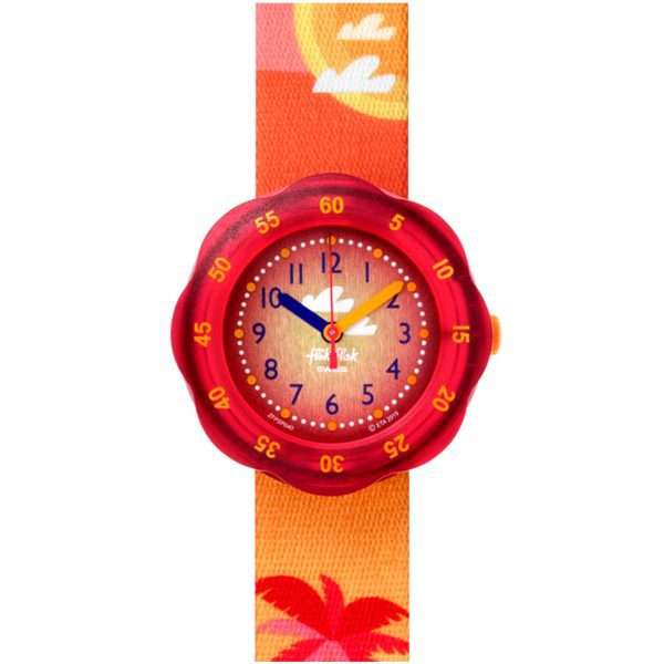 Flik Flak Pool in Miami Palmiboo Quartz Movement Red Dial Textile Bracelet Kids Watch FPSP040