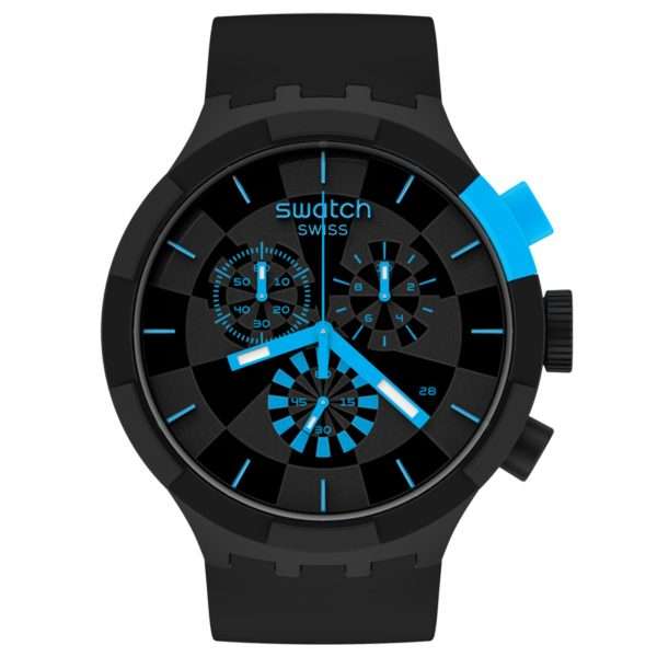 Swatch Big Bold Chrono Checkpoint Blue Quartz Movement Black Dial Silicone Strap Watch SB02B401