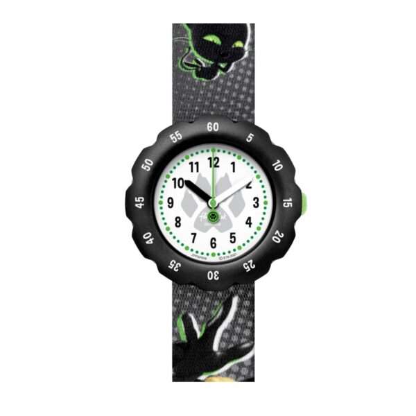 Flik-Flak Cat Noir Quartz White Dial Black Plastic Strap Children?s Watch FPSP058