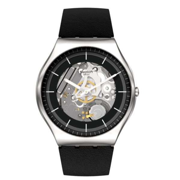 Swatch Black Skeleton Black Dial Leather Strap Unisex Watch SS07S115