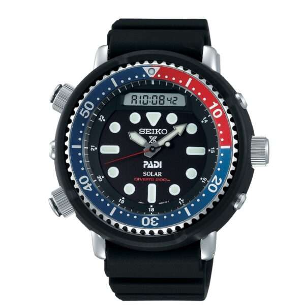 Seiko Prospex 'Arnie' PADI Predator 'Pepsi' 'Tuna' Solar Black Dial Silicone Strap Diver's Men's Watch SNJ027P1