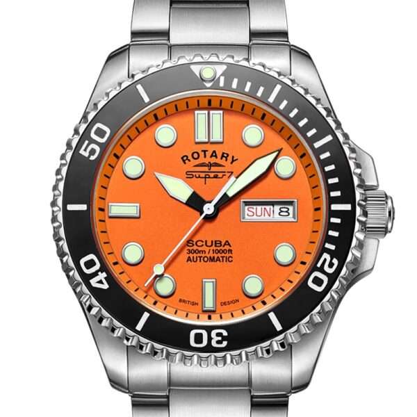 Rotary Super 7 SCUBA Automatic Orange Dial Ceramic Bezel Silver Stainless Steel Bracelet Men's Dive Watch S7S002B - Image 2