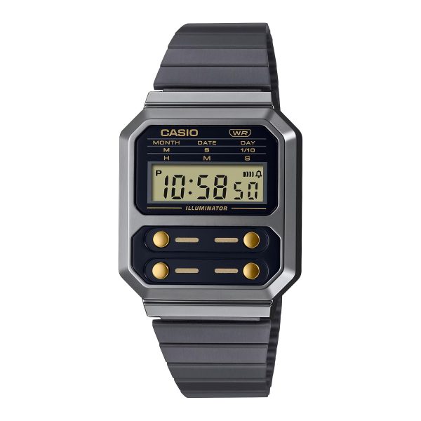 Casio Collection Vintage Edgy Quartz Digital Black/Gunmetal Grey IP Plated Steel Bracelet Unisex Watch A100WEGG-1A2EF