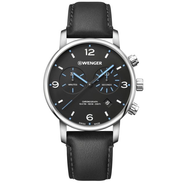 Wenger Urban Metropolitan Chronograph Quartz Black Dial Black Leather Strap Men's Watch 01.1743.120