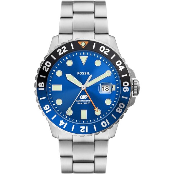 Fossil Blue GMT Silver Stainless Steel Bracelet Blue Dial Men's Watch FS5991