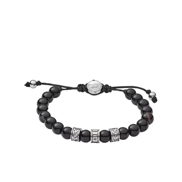 Diesel Men's Stainless Steel and Black Line Agate Bead Bracelet DX1101040