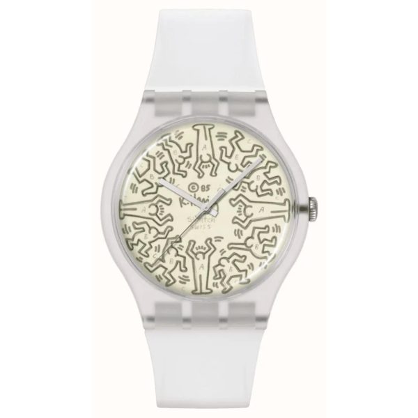 Swatch Quartz Break Free FROM THE ARCHIVE Beige Illustrated Dial Transparent Silicone Strap