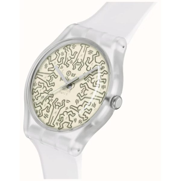 Swatch Quartz Break Free FROM THE ARCHIVE Beige Illustrated Dial Transparent Silicone Strap - Image 2