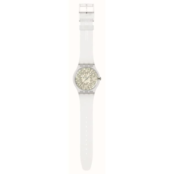 Swatch Quartz Break Free FROM THE ARCHIVE Beige Illustrated Dial Transparent Silicone Strap - Image 3