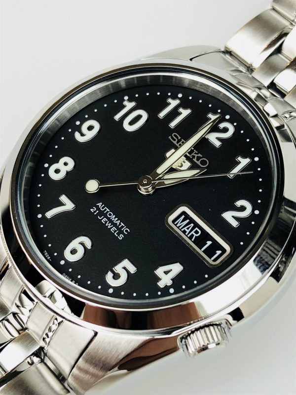 Seiko 5 Automatic Black Dial Silver Stainless Steel Bracelet Men's Watch SNK381K1 - Image 6