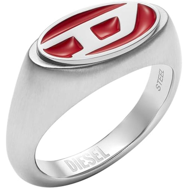 Diesel Unisex Red Lacquer & Silver Stainless Steel Logo Signet Ring DX1444040-10