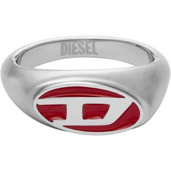 Diesel Unisex Red Lacquer & Silver Stainless Steel Logo Signet Ring DX1444040-10 - Image 4