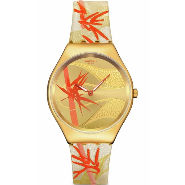 Swatch SKIN Golden Red Year of the Snake Bamboo Textile/Leather Strap Yellow Dial Unisex Watch SYXZ105