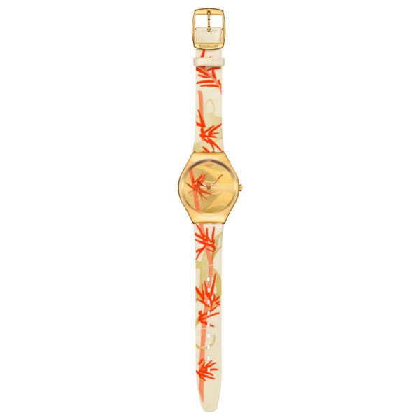 Swatch SKIN Golden Red Year of the Snake Bamboo Textile/Leather Strap Yellow Dial Unisex Watch SYXZ105 - Image 3