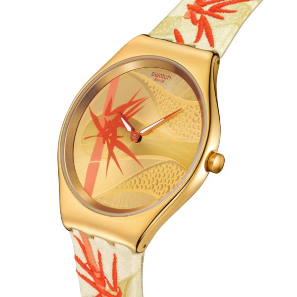 Swatch SKIN Golden Red Year of the Snake Bamboo Textile/Leather Strap Yellow Dial Unisex Watch SYXZ105 - Image 5