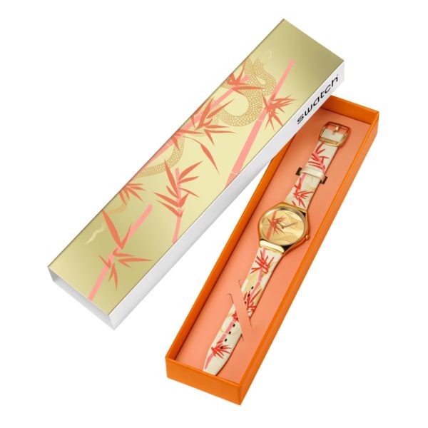 Swatch SKIN Golden Red Year of the Snake Bamboo Textile/Leather Strap Yellow Dial Unisex Watch SYXZ105 - Image 6